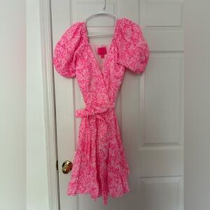 Lilly Pulitzer Iralee Linen Wrap Pink Blossom Foxy Llama Dress Size 2